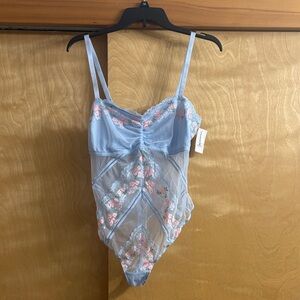 NWT Auden Light Blue Floral Lace Mesh Lingerie Bodysuit Size L